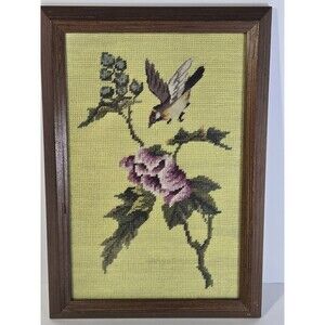 Vintage Framed Needlepoint Bird Pink Rose Floral Handmade Wall Art 15.5"
